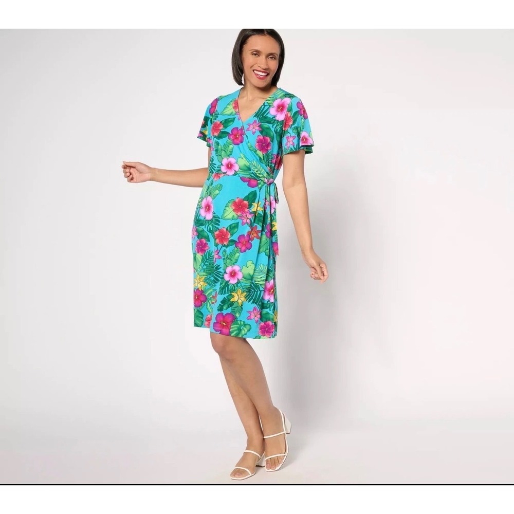 Susan Graver 2XP Tropical Floral Wrap Dress Teal Stretch Plus Petite liquid knit